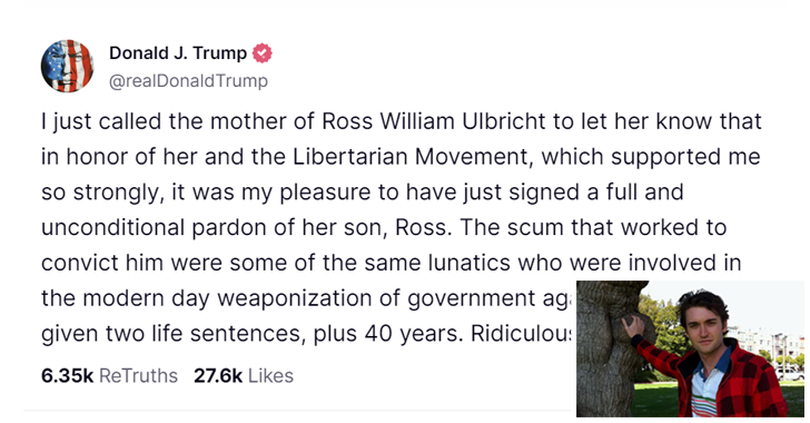 President Trump Pardons Silk Road Creator Ross Ulbricht After 11 Years in Prison